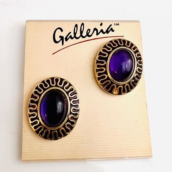 Vintage Galleria Gripoix Earrings Clip On Purple Glass Enamel Gold Oval 4624 - Picture 6 of 11